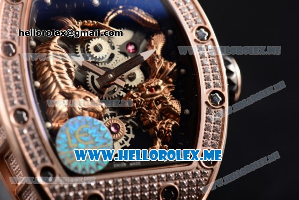 Richard Mille RM 51-01 Tourbillon Tiger and Dragon Asia Manual Winding Rose Gold Case with Seleton Dial and Black Rubber Strap Diamonds Bezel - Click Image to Close